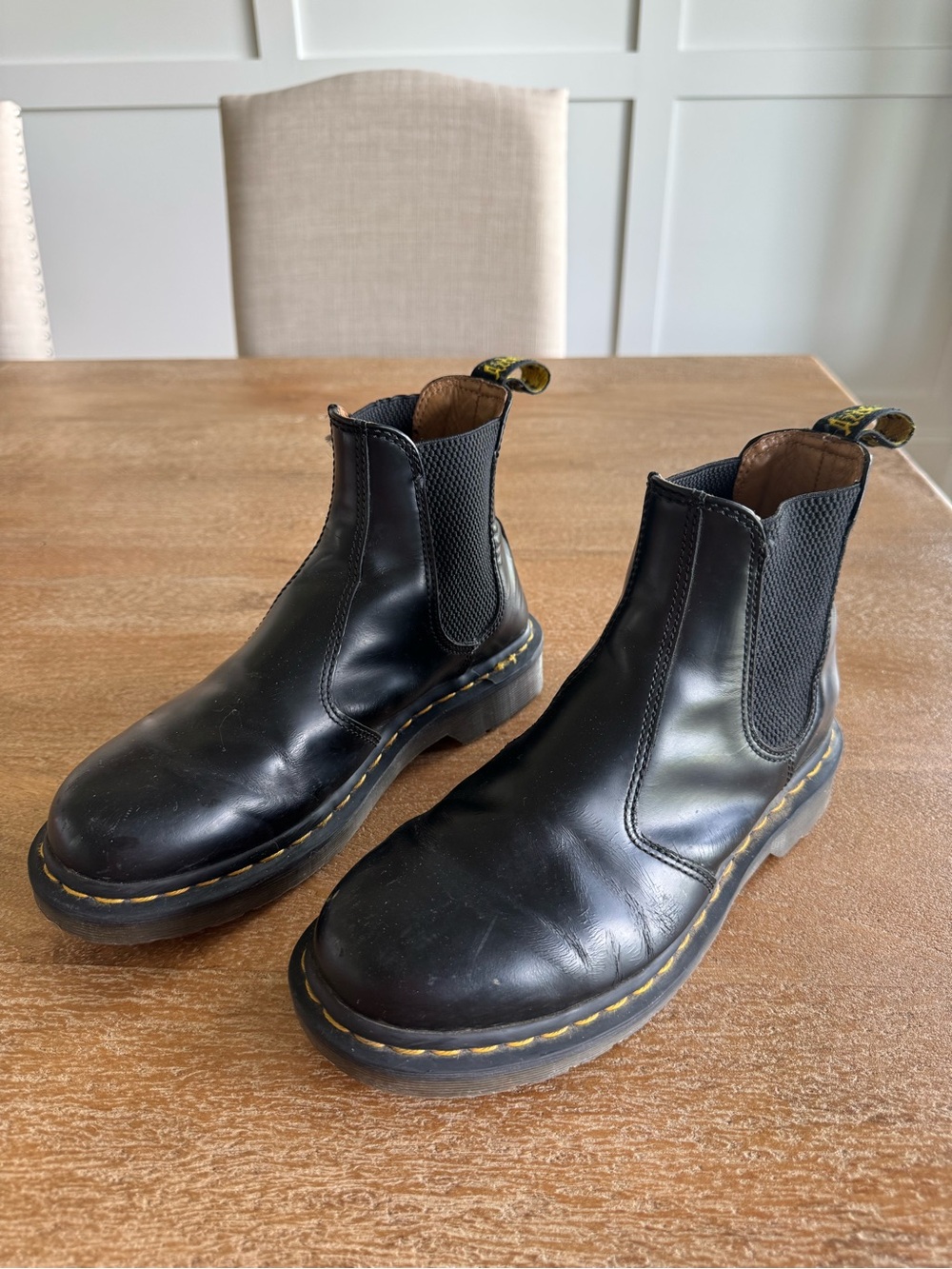 Black Leather Chelsea Boots with Yellow Stitching - women size 7